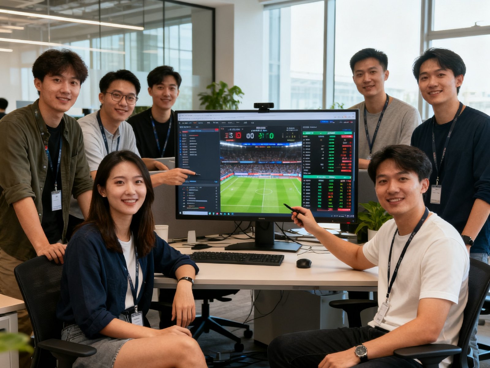 开云体育团队合影，一群充满活力的年轻技术专家在开放式办公室中围绕大屏幕协作讨论赛事数据方案